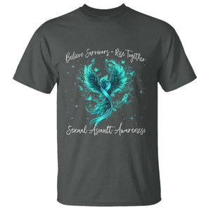 Sexual Assault Awareness T Shirt - Phoenix Bird Reborn Rising Firebird Teal Ribbon Awareness Tee TS10 Dark Heather Print Your Wear