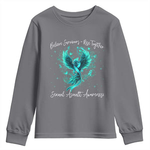 Sexual Assault Awareness Youth Sweatshirt Phoenix Bird Reborn Rising Born Again Firebird Teal Ribbon TS10 Charcoal Print Your Wear