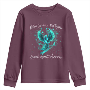 Sexual Assault Awareness Youth Sweatshirt Phoenix Bird Reborn Rising Born Again Firebird Teal Ribbon TS10 Maroon Print Your Wear