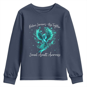 Sexual Assault Awareness Youth Sweatshirt Phoenix Bird Reborn Rising Born Again Firebird Teal Ribbon TS10 Navy Print Your Wear
