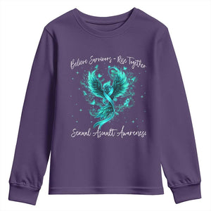 Sexual Assault Awareness Youth Sweatshirt Phoenix Bird Reborn Rising Born Again Firebird Teal Ribbon TS10 Purple Print Your Wear