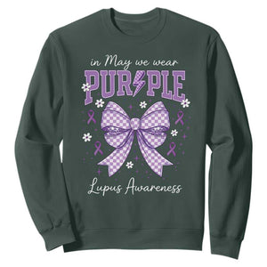 In May We Wear Purple Lupus Awareness Sweatshirt Purple Ribbon Coquette Bow TS10 Dark Forest Green Print Your Wear