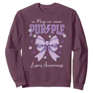 In May We Wear Purple Lupus Awareness Sweatshirt Purple Ribbon Coquette Bow TS10 Maroon Print Your Wear