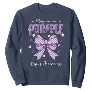 In May We Wear Purple Lupus Awareness Sweatshirt Purple Ribbon Coquette Bow TS10 Navy Print Your Wear