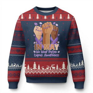 In May We Wear Purple Lupus Awareness Ugly Christmas Sweater Purple Ribbon TS10 Navy Red Print Your Wear