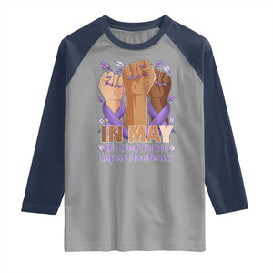 In May We Wear Purple Lupus Awareness Raglan Shirt Purple Ribbon TS10 Sport Gray Navy Print Your Wear