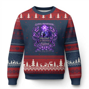 Lupus Awareness Ugly Christmas Sweater Lion Purple Ribbon My God Is Stronger Than Lupus TS10 Navy Red Print Your Wear