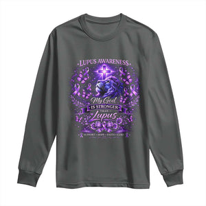 Lupus Awareness Long Sleeve Shirt Lion Purple Ribbon My God Is Stronger Than Lupus TS10 Dark Heather Print Your Wear
