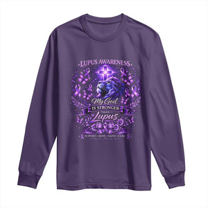 Lupus Awareness Long Sleeve Shirt Lion Purple Ribbon My God Is Stronger Than Lupus TS10 Purple Print Your Wear