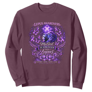 Lupus Awareness Sweatshirt Lion Purple Ribbon My God Is Stronger Than Lupus TS10 Maroon Print Your Wear