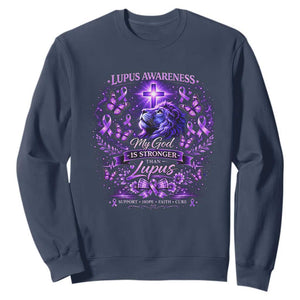 Lupus Awareness Sweatshirt Lion Purple Ribbon My God Is Stronger Than Lupus TS10 Navy Print Your Wear