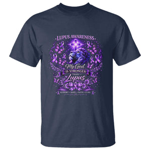 Lupus Awareness T Shirt Lion Purple Ribbon My God Is Stronger Than Lupus TS10 Navy Print Your Wear