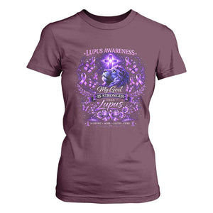 Lupus Awareness T Shirt For Women Lion Purple Ribbon My God Is Stronger Than Lupus TS10 Maroon Print Your Wear