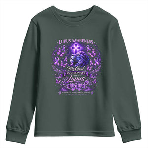 Lupus Awareness Youth Sweatshirt Lion Purple Ribbon My God Is Stronger Than Lupus TS10 Dark Forest Green Print Your Wear