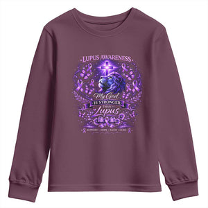 Lupus Awareness Youth Sweatshirt Lion Purple Ribbon My God Is Stronger Than Lupus TS10 Maroon Print Your Wear