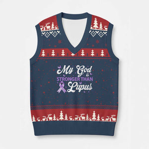 My God Is Bigger Than Lupus V-Neck Knit Sweater Vest Purple Ribbon TS10 Navy Red Print Your Wear