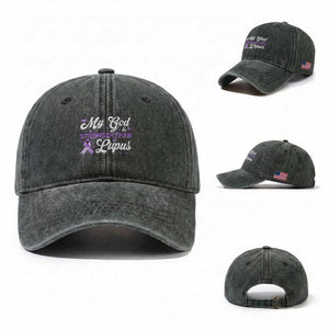 My God Is Bigger Than Lupus Washed Cotton Baseball Cap Purple Ribbon TS10 Washed Cap Universal Fit Dark Green Print Your Wear