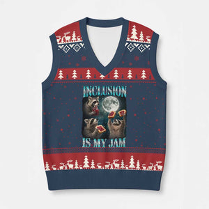 Inclusion Is My Jam V-Neck Knit Sweater Vest Raccoon Meme Neurodiversity SPED Teacher Gift TS10 Navy Red Print Your Wear
