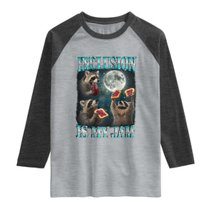 Inclusion Is My Jam Raglan Shirt Raccoon Meme Neurodiversity SPED Teacher Gift TS10 Heather Gray Heather Charcoal Print Your Wear