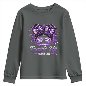 Purple Up Military Child Youth Sweatshirt Camo Messy Bun Military Kid Month TS10 Dark Heather Print Your Wear