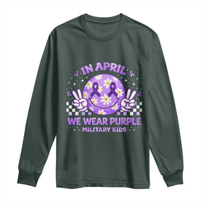 Proud Military Kids Long Sleeve Shirt Groovy Smile Face In April We Wear Purple Military Child Month TS10 Dark Forest Green Print Your Wear