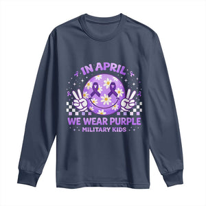 Proud Military Kids Long Sleeve Shirt Groovy Smile Face In April We Wear Purple Military Child Month TS10 Navy Print Your Wear