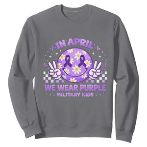 Proud Military Kids Sweatshirt Groovy Smile Face In April We Wear Purple Military Child Month TS10 Charcoal Print Your Wear