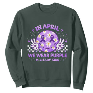 Proud Military Kids Sweatshirt Groovy Smile Face In April We Wear Purple Military Child Month TS10 Dark Forest Green Print Your Wear