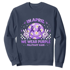 Proud Military Kids Sweatshirt Groovy Smile Face In April We Wear Purple Military Child Month TS10 Navy Print Your Wear