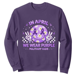 Proud Military Kids Sweatshirt Groovy Smile Face In April We Wear Purple Military Child Month TS10 Purple Print Your Wear