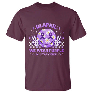 Proud Military Kids T Shirt Groovy Smile Face In April We Wear Purple Military Child Month TS10 Maroon Print Your Wear