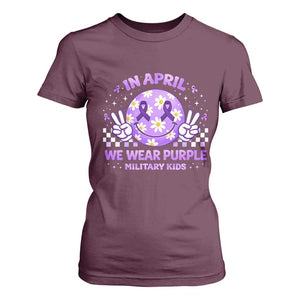 Proud Military Kids T Shirt For Women Groovy Smile Face In April We Wear Purple Military Child Month TS10 Maroon Print Your Wear