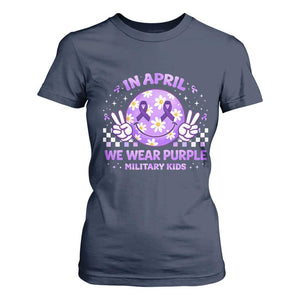Proud Military Kids T Shirt For Women Groovy Smile Face In April We Wear Purple Military Child Month TS10 Navy Print Your Wear