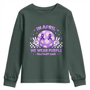 Proud Military Kids Youth Sweatshirt Groovy Smile Face In April We Wear Purple Military Child Month TS10 Dark Forest Green Print Your Wear