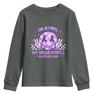 Proud Military Kids Youth Sweatshirt Groovy Smile Face In April We Wear Purple Military Child Month TS10 Dark Heather Print Your Wear