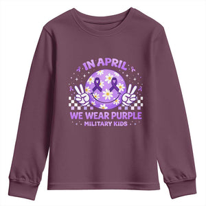 Proud Military Kids Youth Sweatshirt Groovy Smile Face In April We Wear Purple Military Child Month TS10 Maroon Print Your Wear