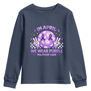 Proud Military Kids Youth Sweatshirt Groovy Smile Face In April We Wear Purple Military Child Month TS10 Navy Print Your Wear