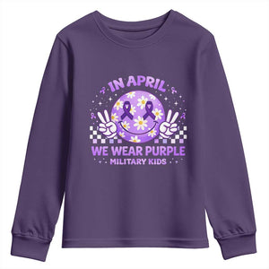 Proud Military Kids Youth Sweatshirt Groovy Smile Face In April We Wear Purple Military Child Month TS10 Purple Print Your Wear
