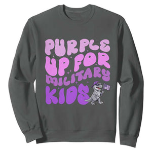 Purple Up For Military Kids Sweatshirt Groovy Dino Dinosaur Military Child Month TS10 Dark Heather Print Your Wear