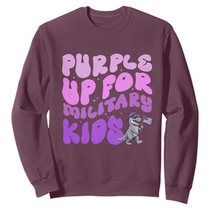 Purple Up For Military Kids Sweatshirt Groovy Dino Dinosaur Military Child Month TS10 Maroon Print Your Wear