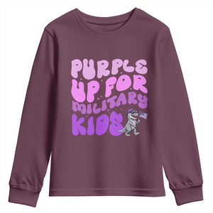 Purple Up For Military Kids Youth Sweatshirt Groovy Dino Dinosaur Military Child Month TS10 Maroon Print Your Wear