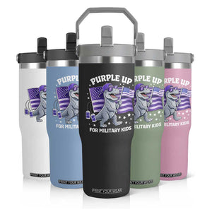 Dinosaur Military Kids Flip Straw Tumbler Purple Up For Military Child Month Patriotic USA Flag TS10 Print Your Wear