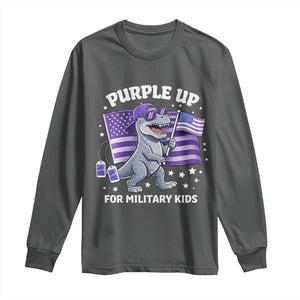 Dinosaur Military Kids Long Sleeve Shirt Purple Up For Military Child Month Patriotic USA Flag TS10 Dark Heather Print Your Wear