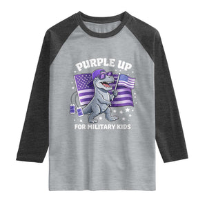 Dinosaur Military Kids Raglan Shirt Purple Up For Military Child Month Patriotic USA Flag TS10 Heather Gray Heather Charcoal Print Your Wear