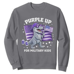 Dinosaur Military Kids Sweatshirt Purple Up For Military Child Month Patriotic USA Flag TS10 Charcoal Print Your Wear