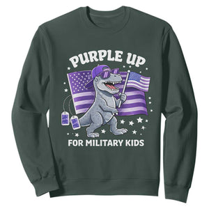 Dinosaur Military Kids Sweatshirt Purple Up For Military Child Month Patriotic USA Flag TS10 Dark Forest Green Print Your Wear