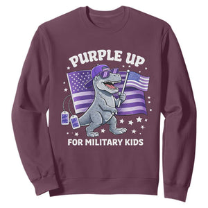 Dinosaur Military Kids Sweatshirt Purple Up For Military Child Month Patriotic USA Flag TS10 Maroon Print Your Wear