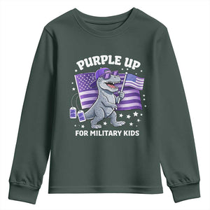 Dinosaur Military Kids Youth Sweatshirt Purple Up For Military Child Month Patriotic USA Flag TS10 Dark Forest Green Print Your Wear