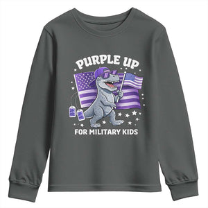 Dinosaur Military Kids Youth Sweatshirt Purple Up For Military Child Month Patriotic USA Flag TS10 Dark Heather Print Your Wear