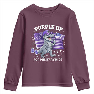 Dinosaur Military Kids Youth Sweatshirt Purple Up For Military Child Month Patriotic USA Flag TS10 Maroon Print Your Wear